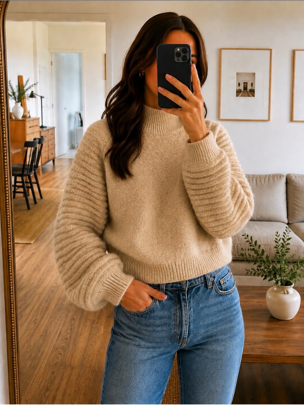 THE LABEL NY Fuzzy Mock Neck Balloon Sleeve Sweater Neutral Oatmeal Beige Medium